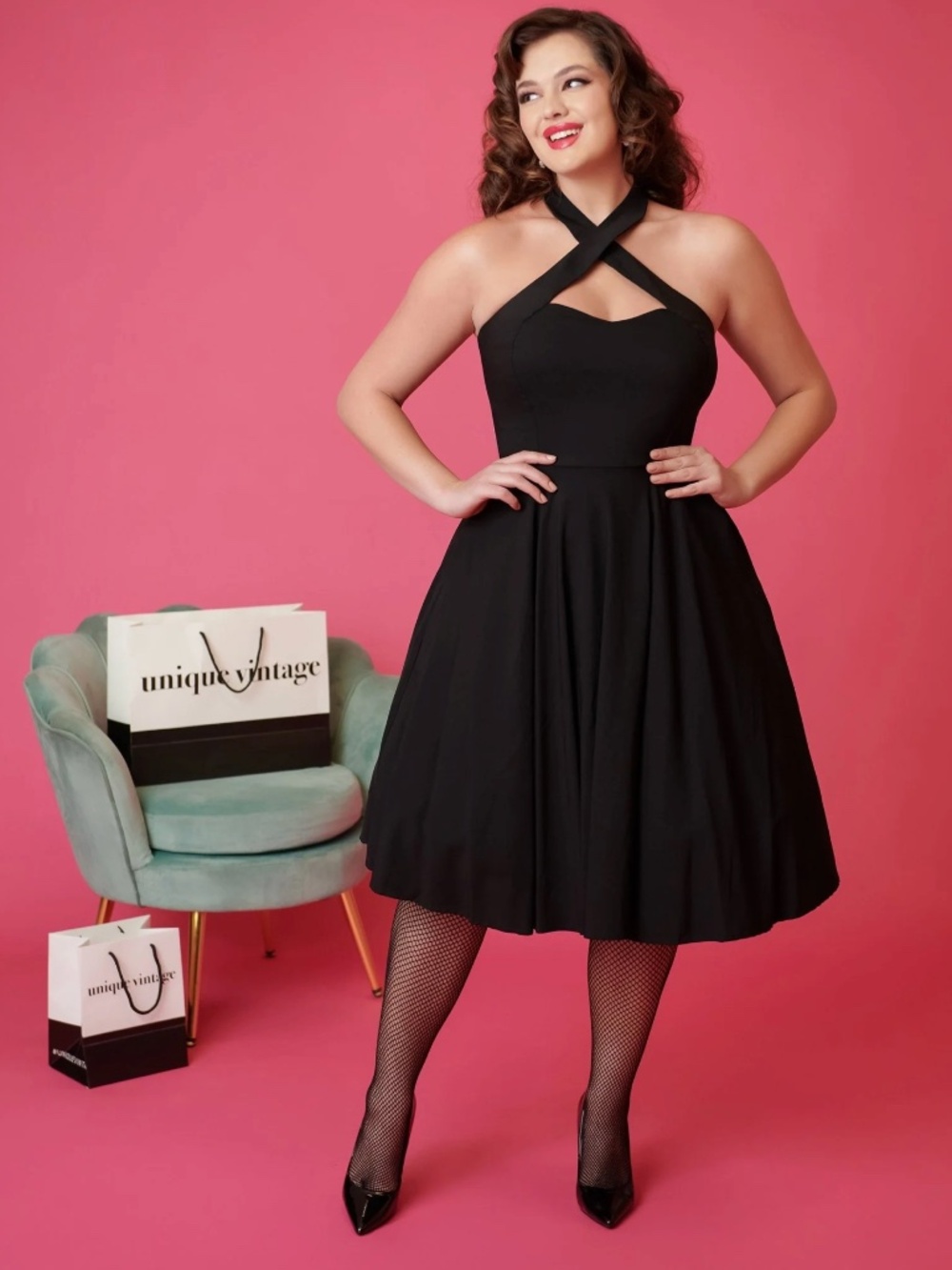 Rare! Pinup Criss Cross Halter Rita Flare Black Rockabilly Pinup Dress